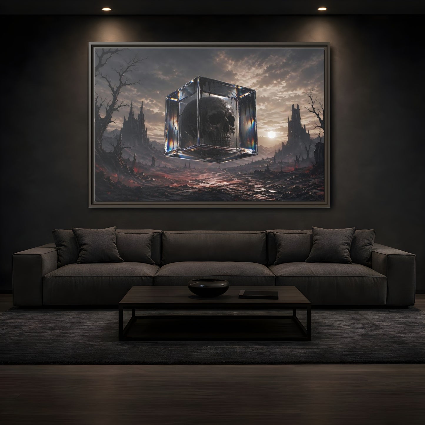 Mockup 3. Horror Skull Dark Fantasy Skull shown as stretched canvas wall art