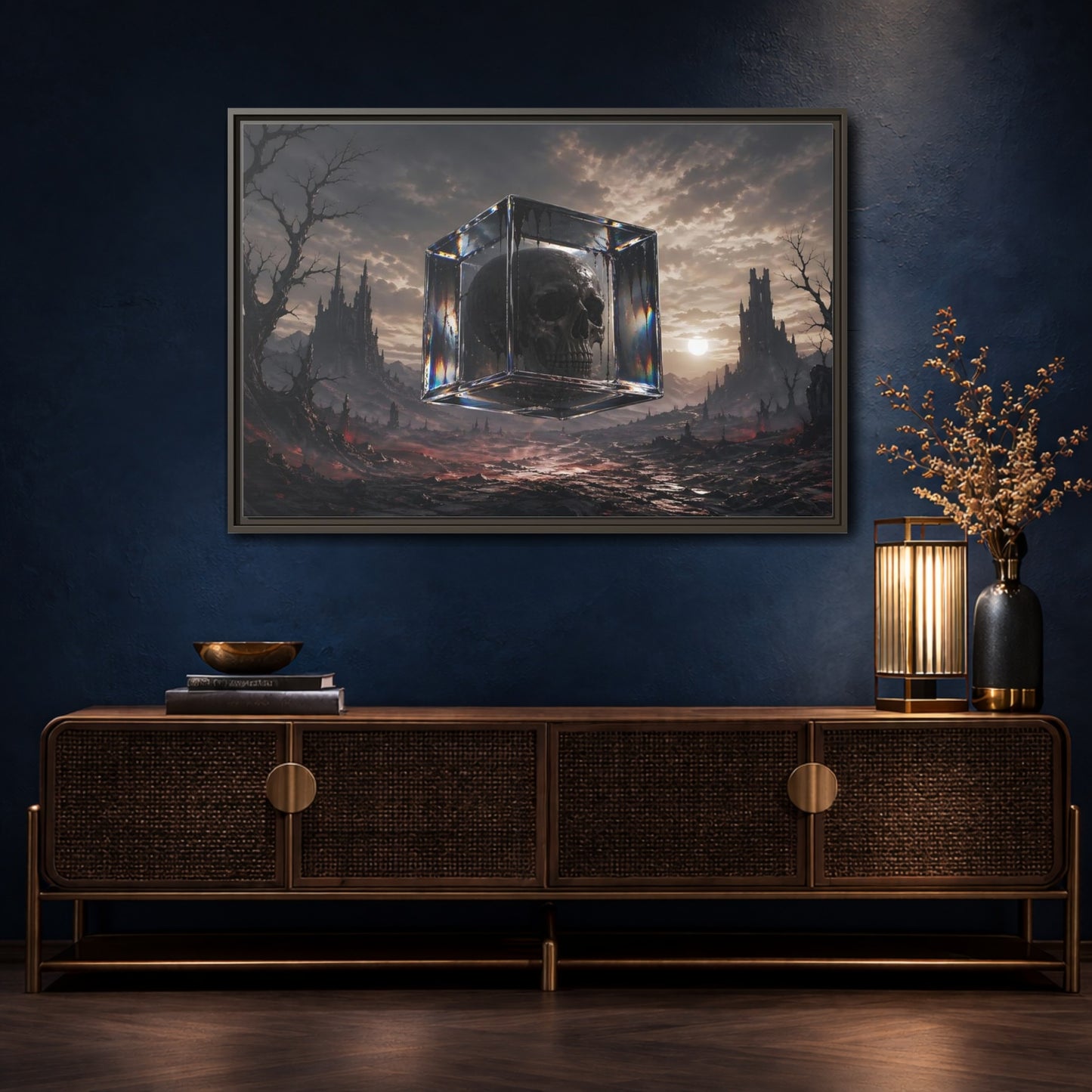 Mockup 4. Horror Skull Dark Fantasy Skull shown as stretched canvas wall art