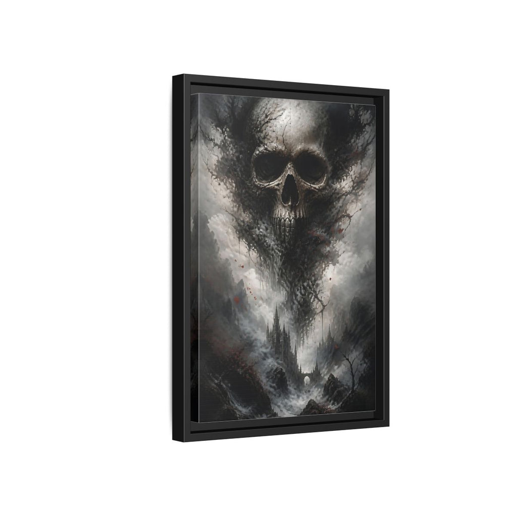 Side Mockup 6. Horror Skull Dark Grey Skull shown as stretched canvas wall art