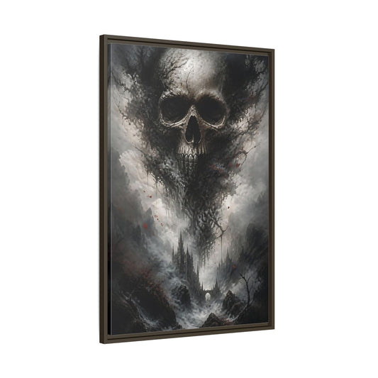 Main Mockup. Horror Skull Dark Grey Skull shown as stretched canvas wall art