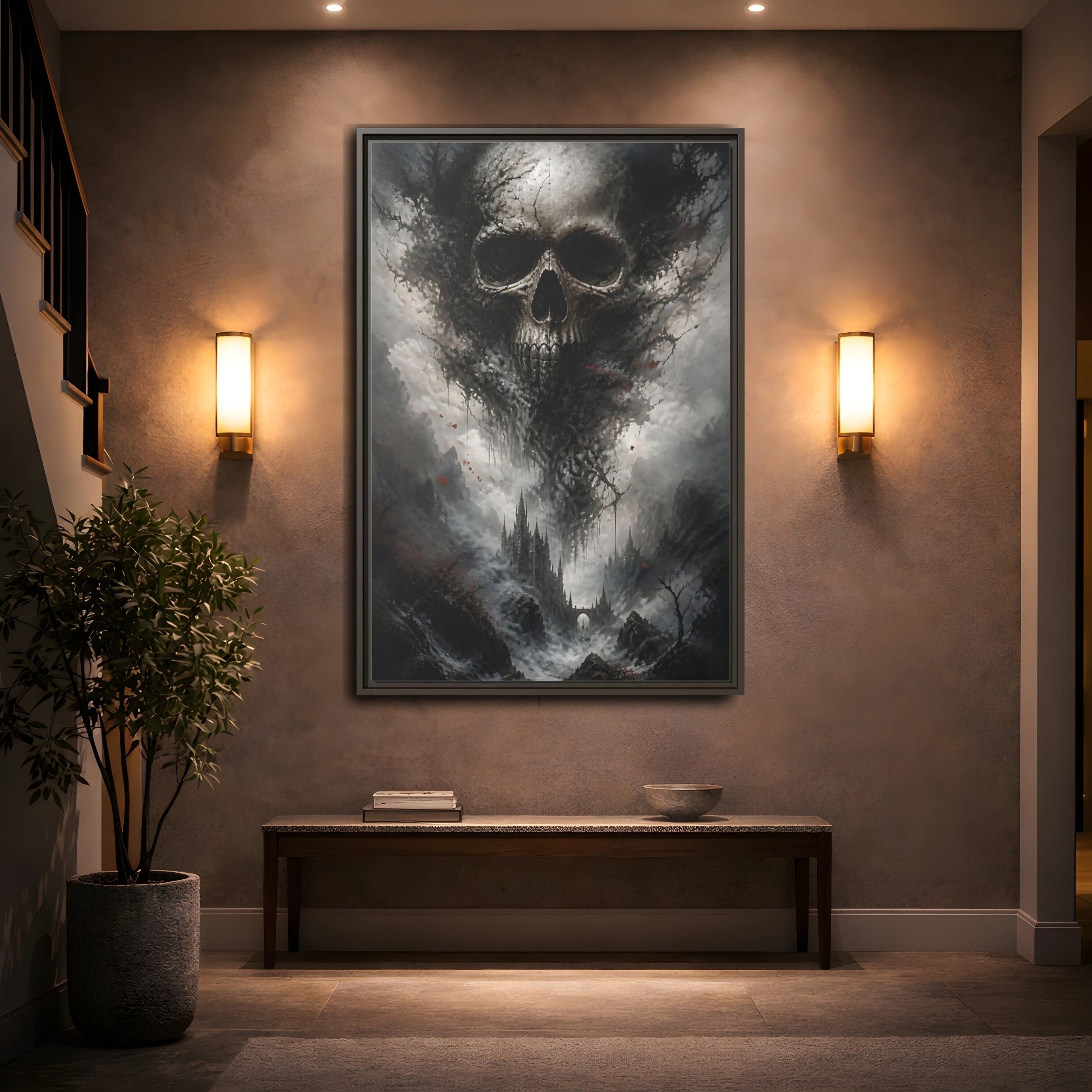Mockup 2. Horror Skull Dark Grey Skull shown as stretched canvas wall art