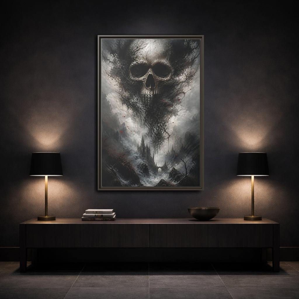 Mockup 3. Horror Skull Dark Grey Skull shown as stretched canvas wall art