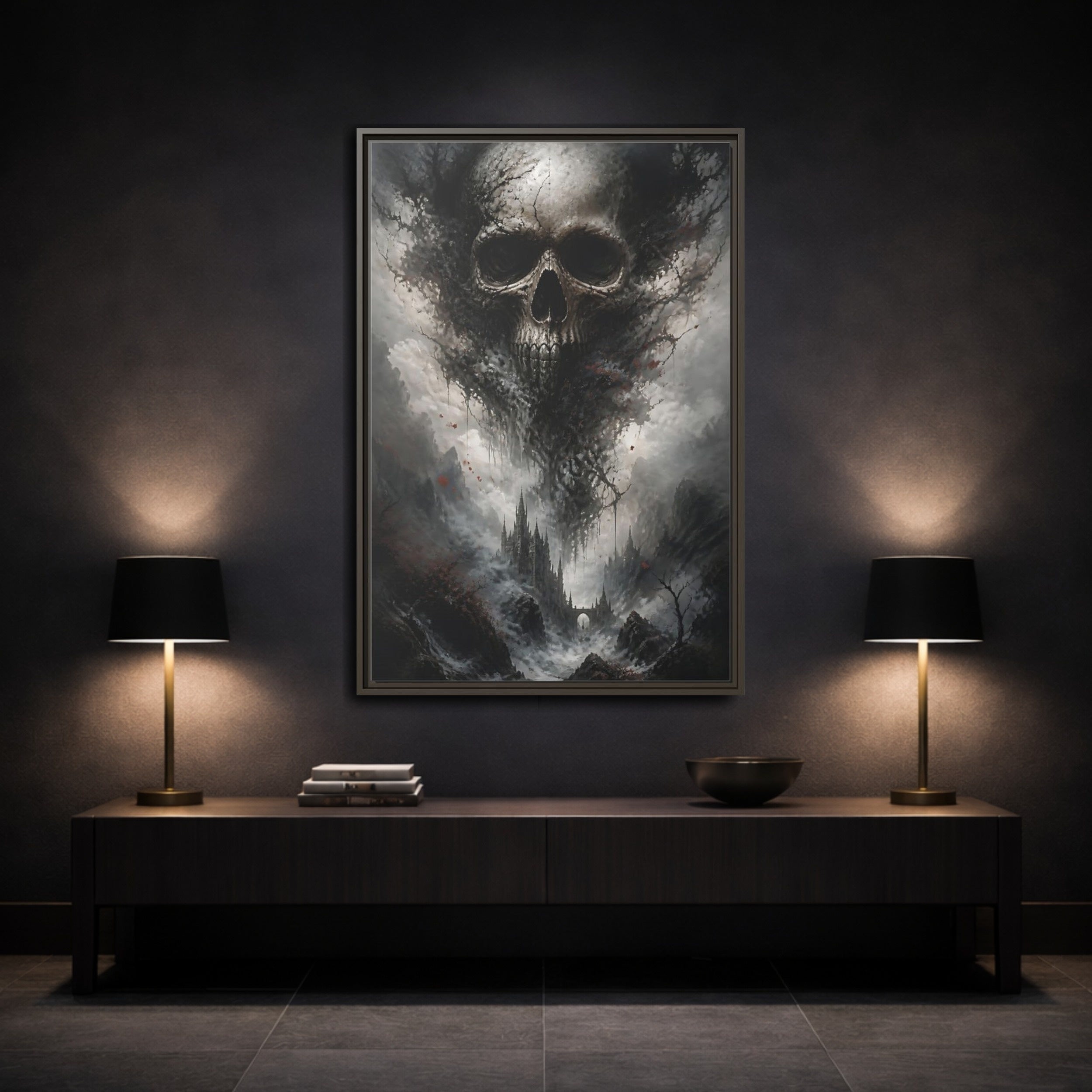 Mockup 3. Horror Skull Dark Grey Skull shown as stretched canvas wall art
