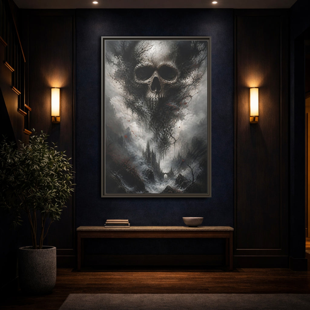 Mockup 4. Horror Skull Dark Grey Skull shown as stretched canvas wall art