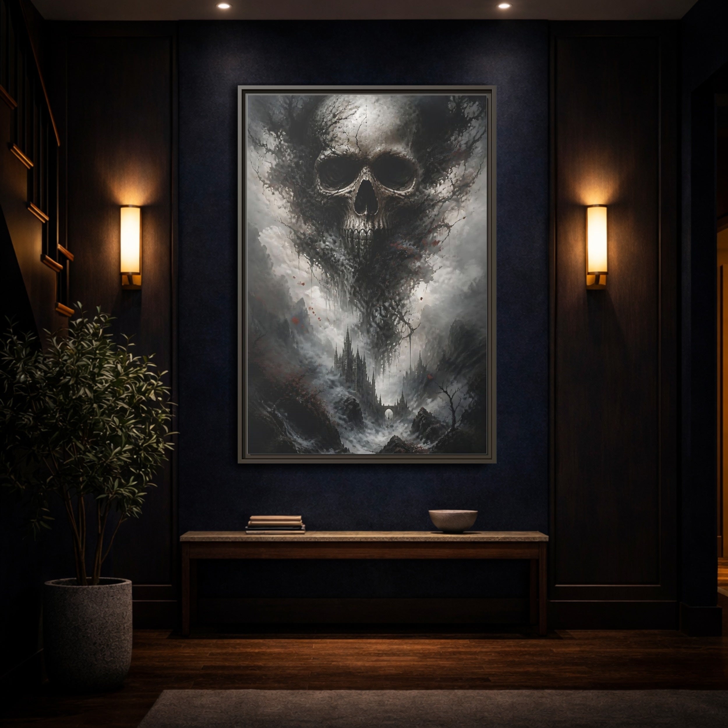 Mockup 4. Horror Skull Dark Grey Skull shown as stretched canvas wall art