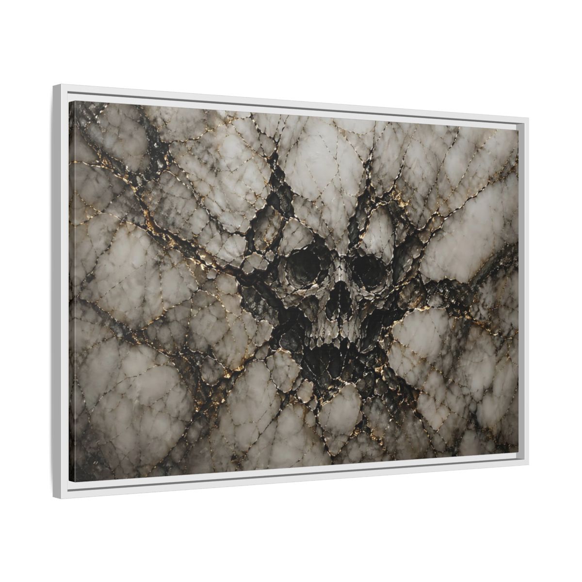 Side Mockup 9. Horror Skull Gold Marble Skull shown as stretched canvas wall art