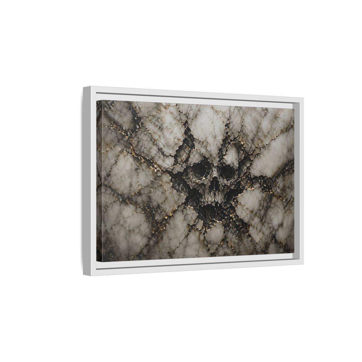 Side Mockup 4. Horror Skull Gold Marble Skull shown as stretched canvas wall art