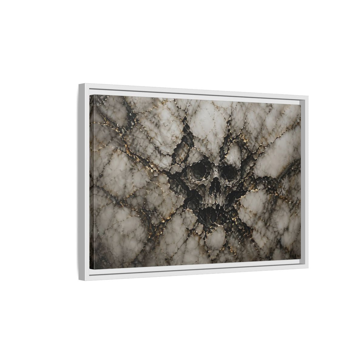 Side Mockup 1. Horror Skull Gold Marble Skull shown as stretched canvas wall art