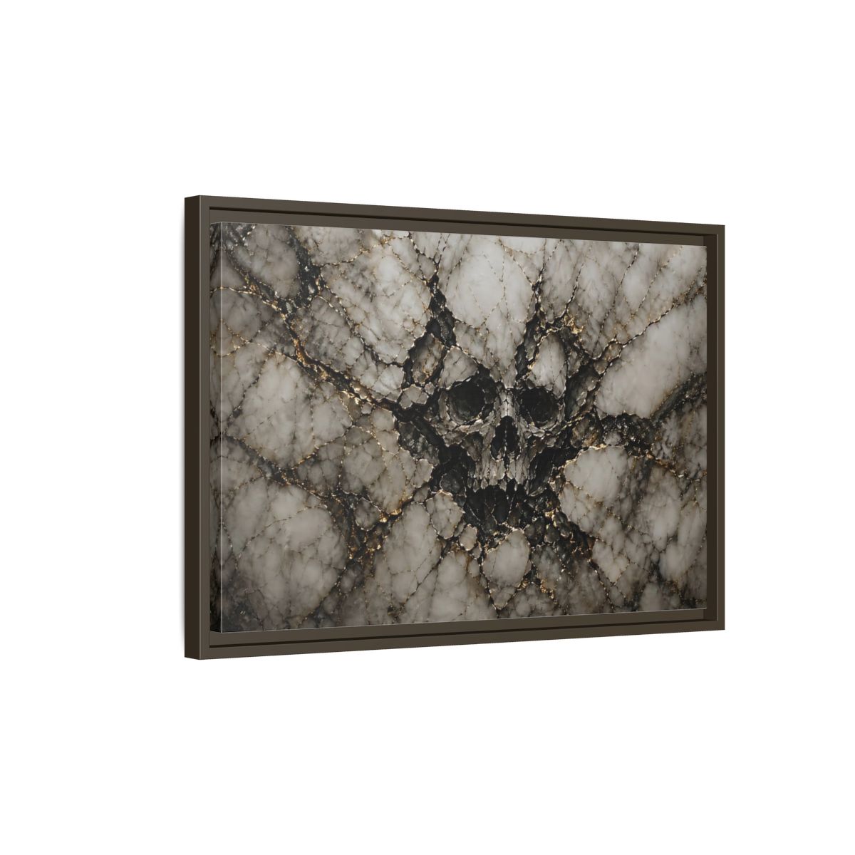 Side Mockup 2. Horror Skull Gold Marble Skull shown as stretched canvas wall art