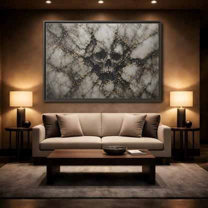 Mockup 2. Horror Skull Gold Marble Skull shown as stretched canvas wall art