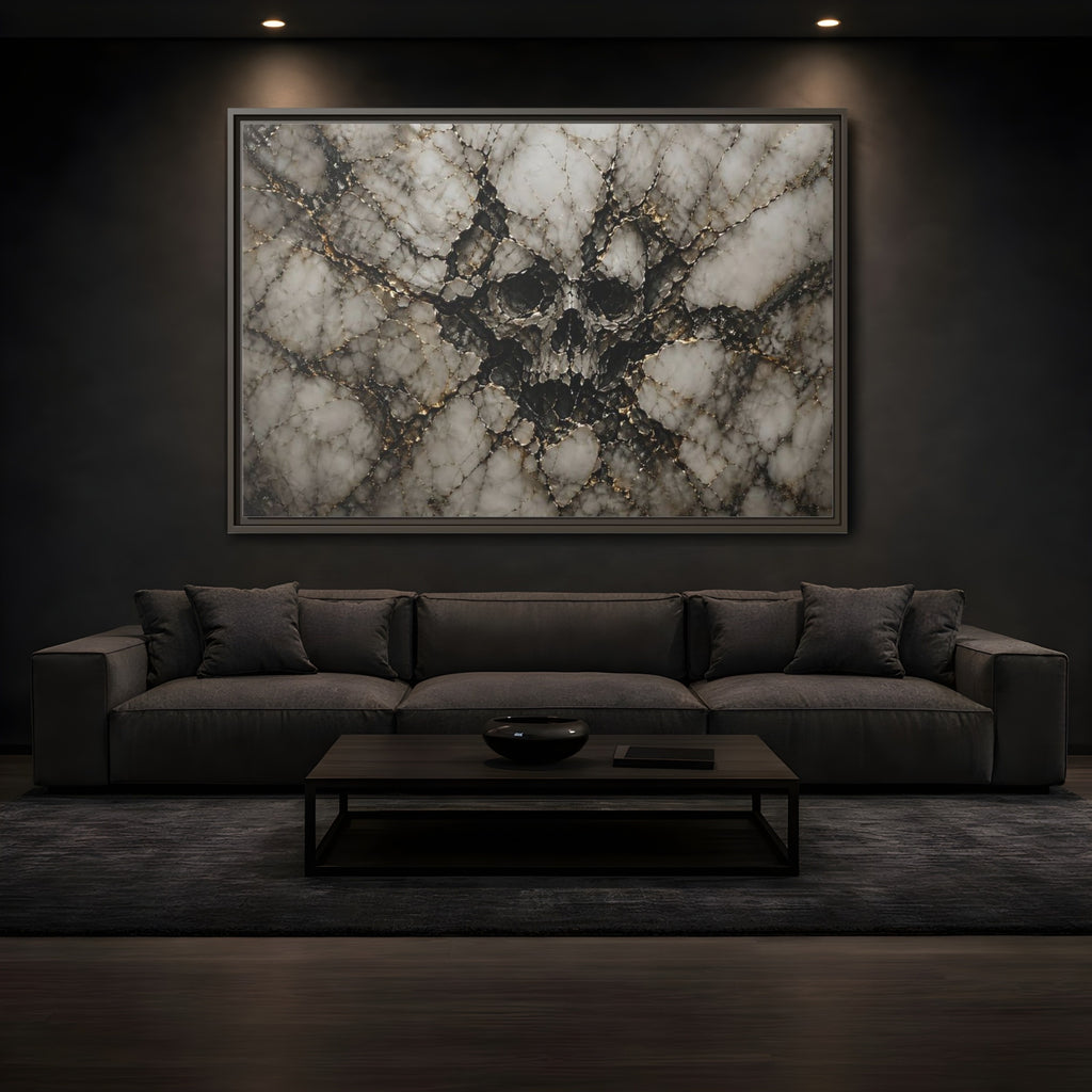 Mockup 3. Horror Skull Gold Marble Skull shown as stretched canvas wall art