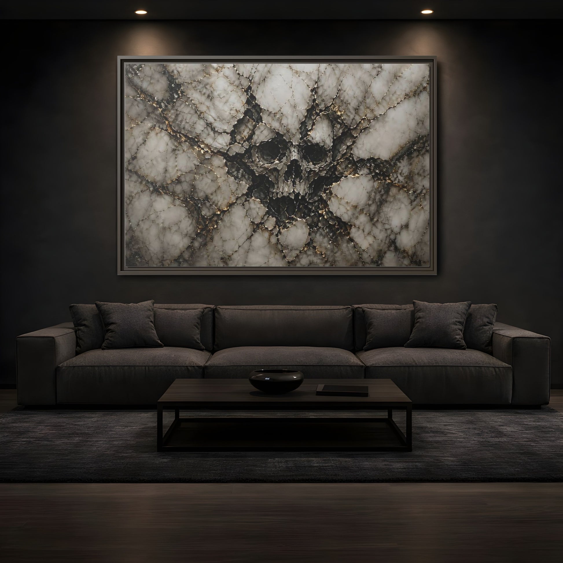 Mockup 3. Horror Skull Gold Marble Skull shown as stretched canvas wall art