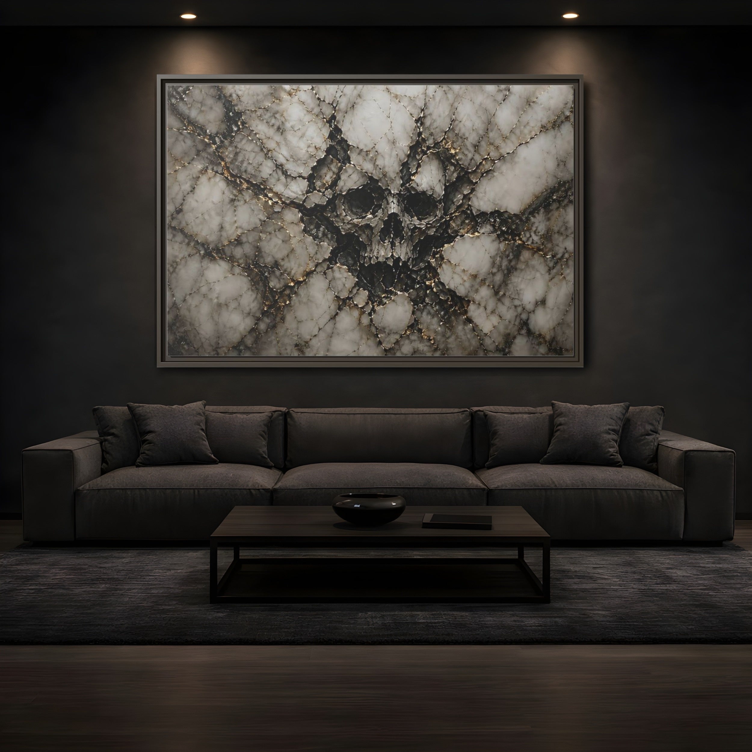 Mockup 3. Horror Skull Gold Marble Skull shown as stretched canvas wall art