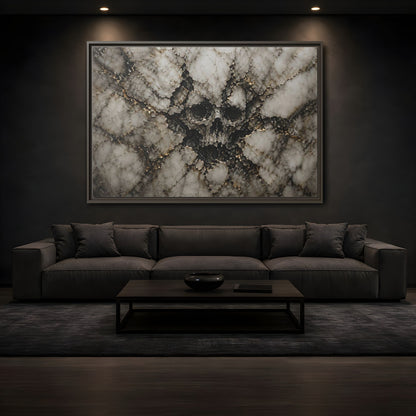 Mockup 3. Horror Skull Gold Marble Skull shown as stretched canvas wall art