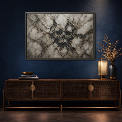 Mockup 4. Horror Skull Gold Marble Skull shown as stretched canvas wall art