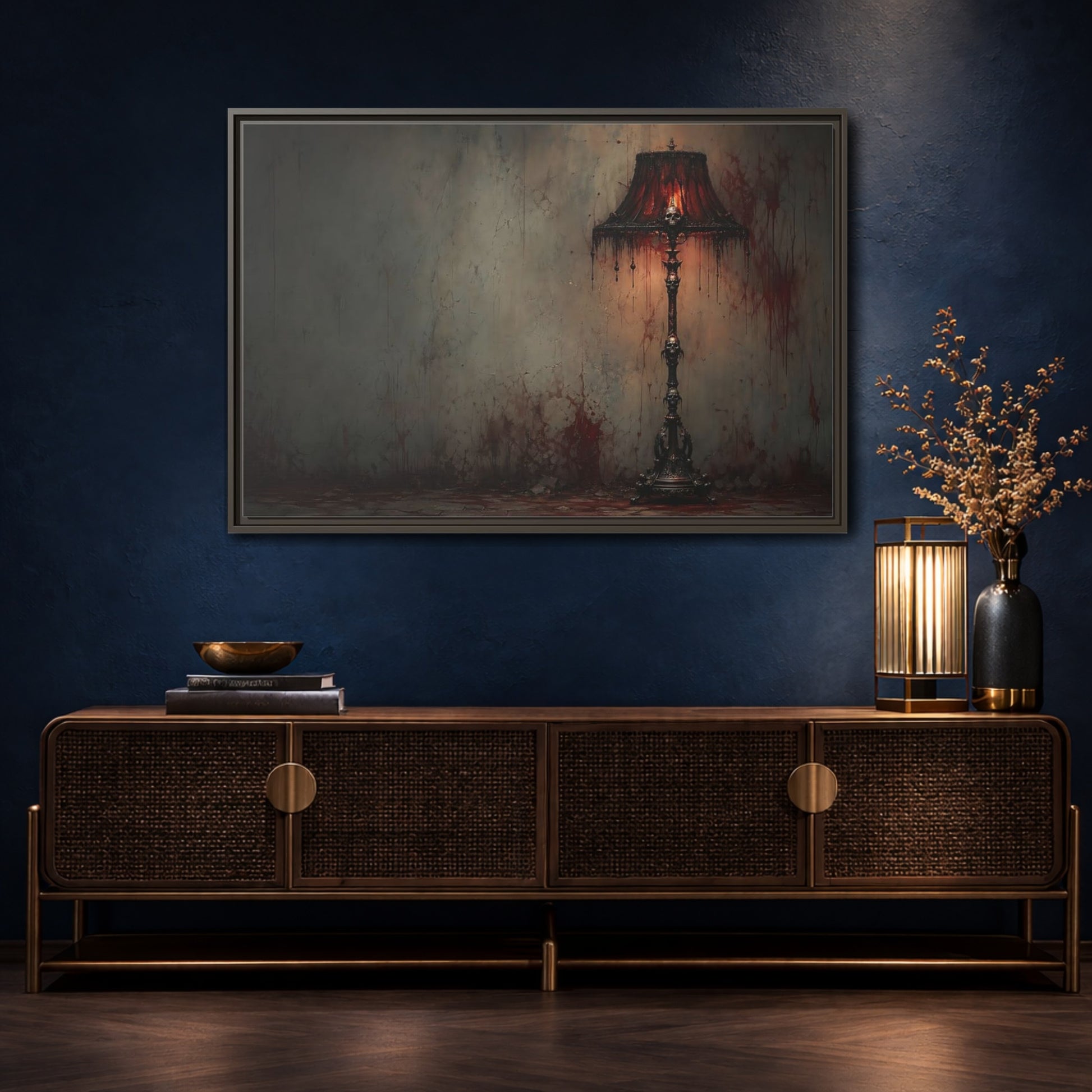Mockup 4. Horror Skull Lamp Dark Gothic Red shown as stretched canvas wall art