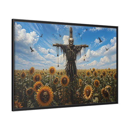 Side Mockup 12. Horror Skull Scarecrow Skull And Sunflowers shown as stretched canvas wall art
