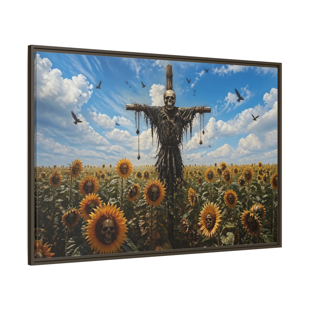 Side Mockup 8. Horror Skull Scarecrow Skull And Sunflowers shown as stretched canvas wall art