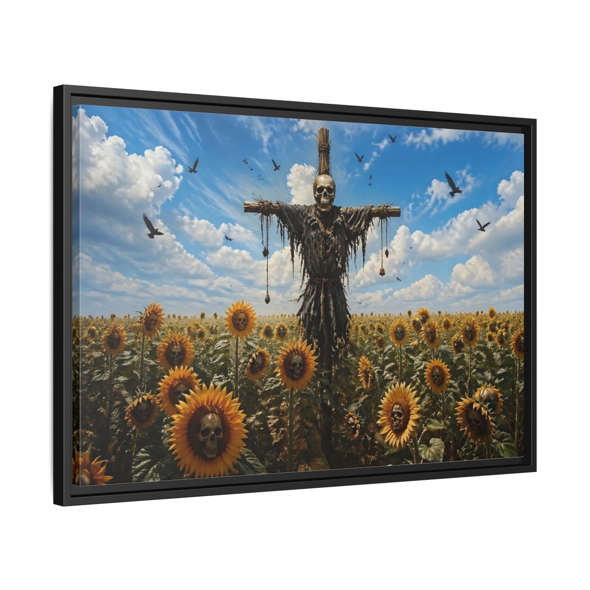 Side Mockup 14. Horror Skull Scarecrow Skull And Sunflowers shown as stretched canvas wall art