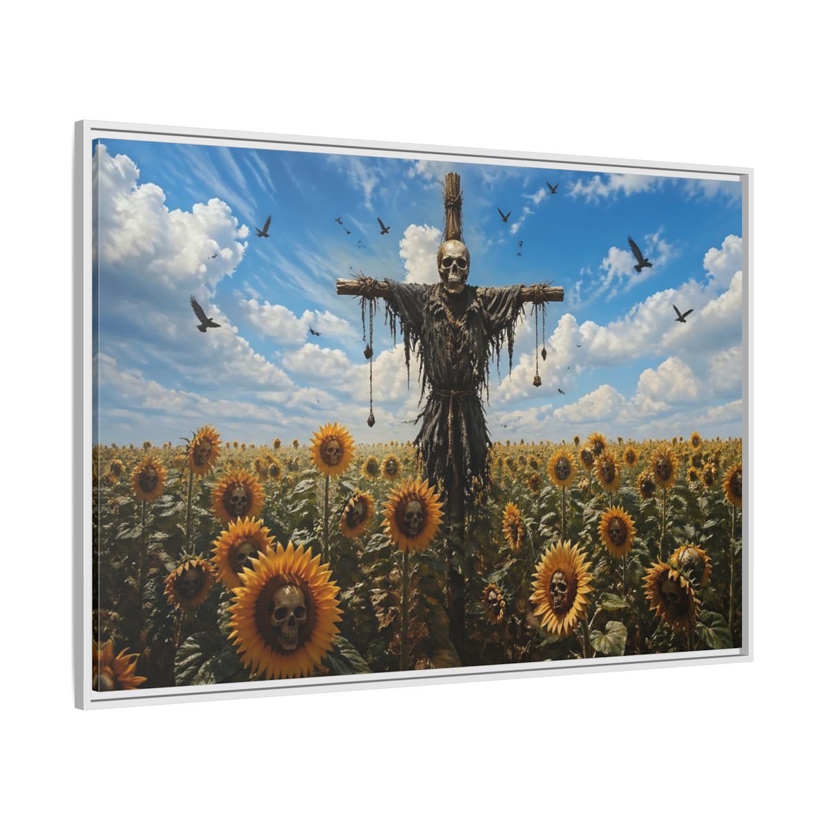 Side Mockup 7. Horror Skull Scarecrow Skull And Sunflowers shown as stretched canvas wall art