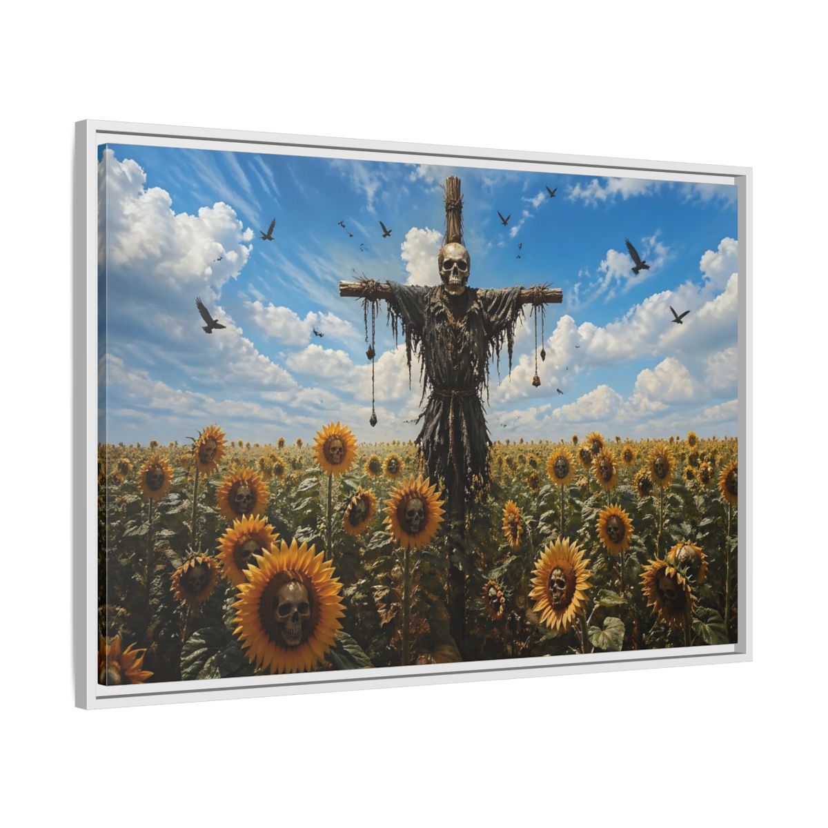 Side Mockup 9. Horror Skull Scarecrow Skull And Sunflowers shown as stretched canvas wall art