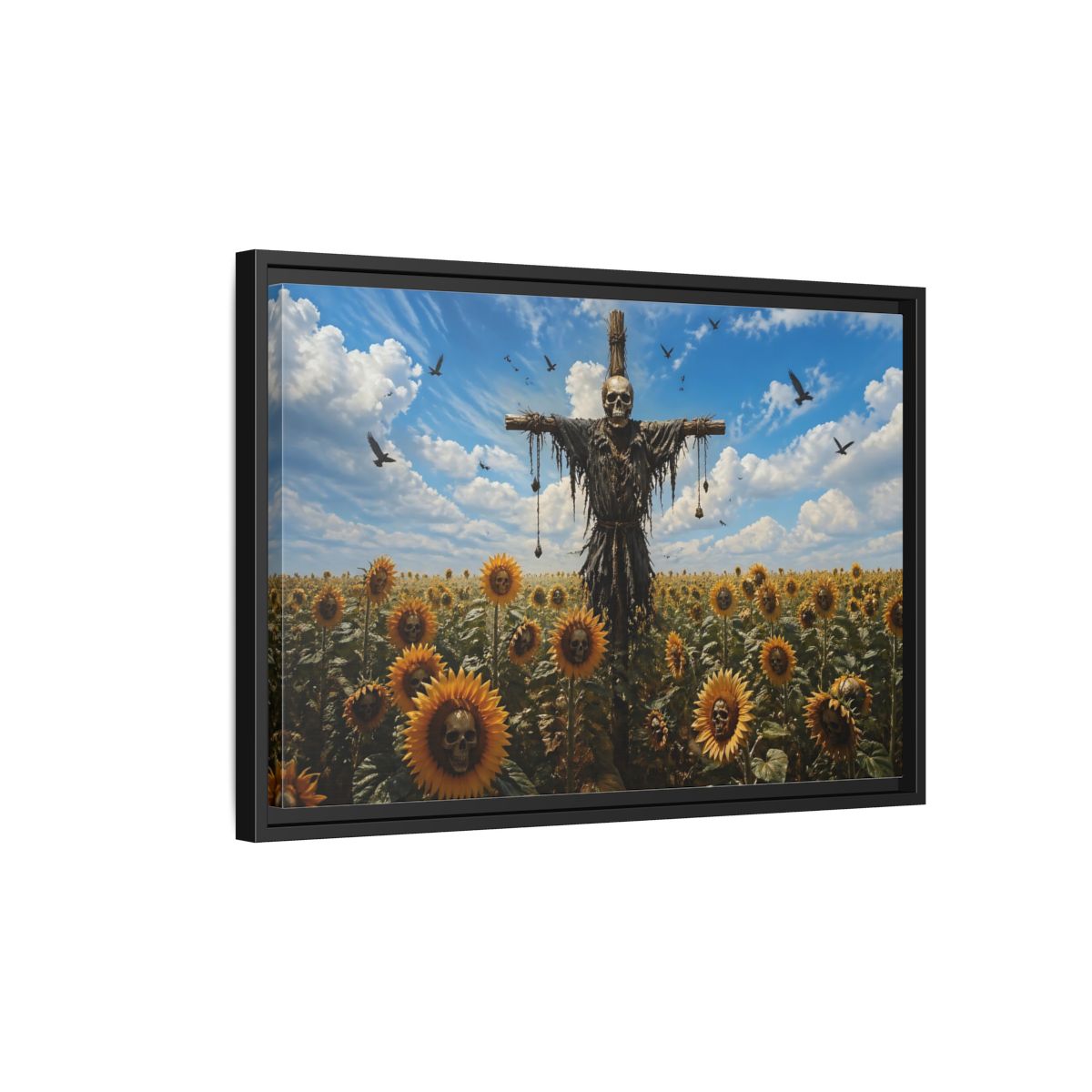 Side Mockup 3. Horror Skull Scarecrow Skull And Sunflowers shown as stretched canvas wall art
