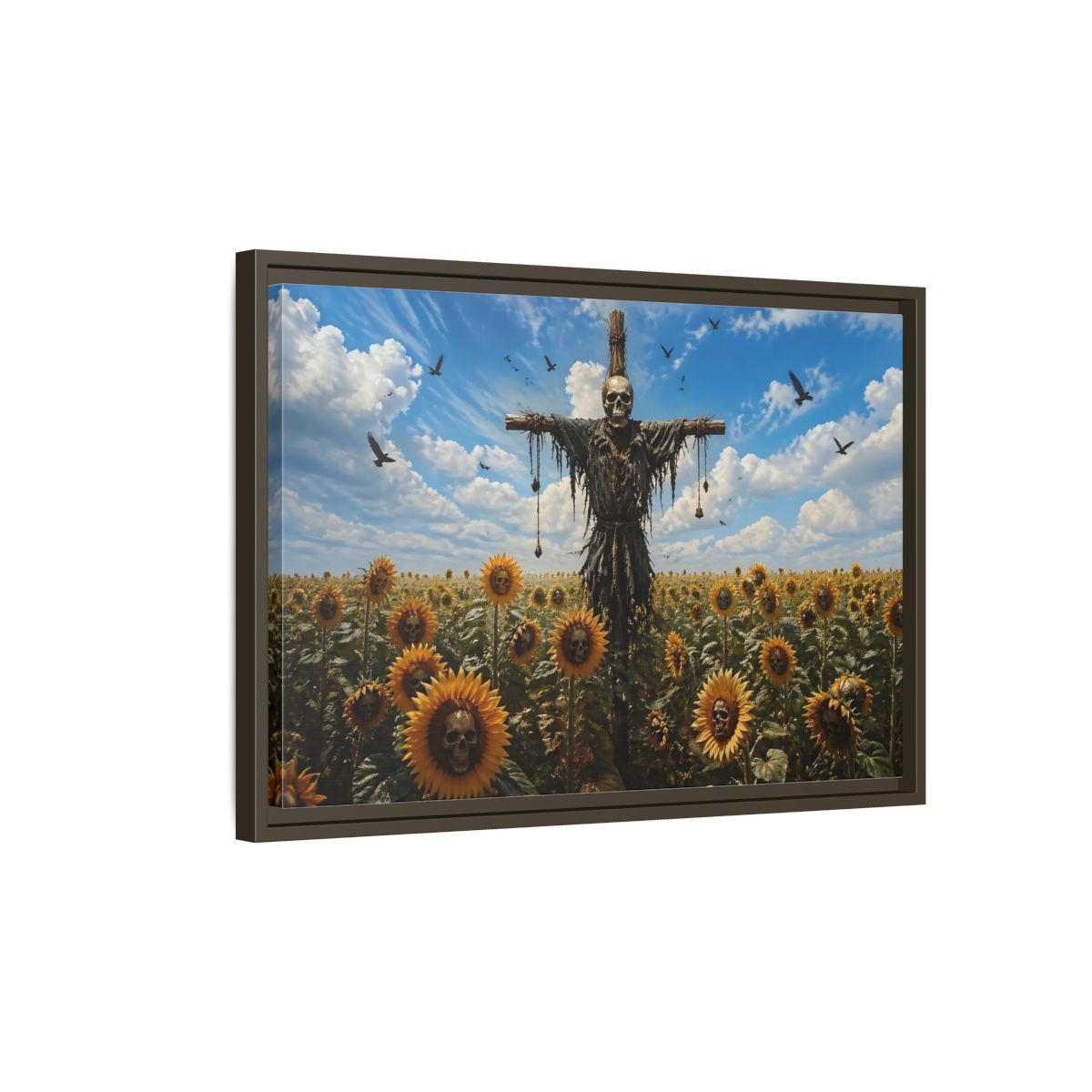 Side Mockup 2. Horror Skull Scarecrow Skull And Sunflowers shown as stretched canvas wall art