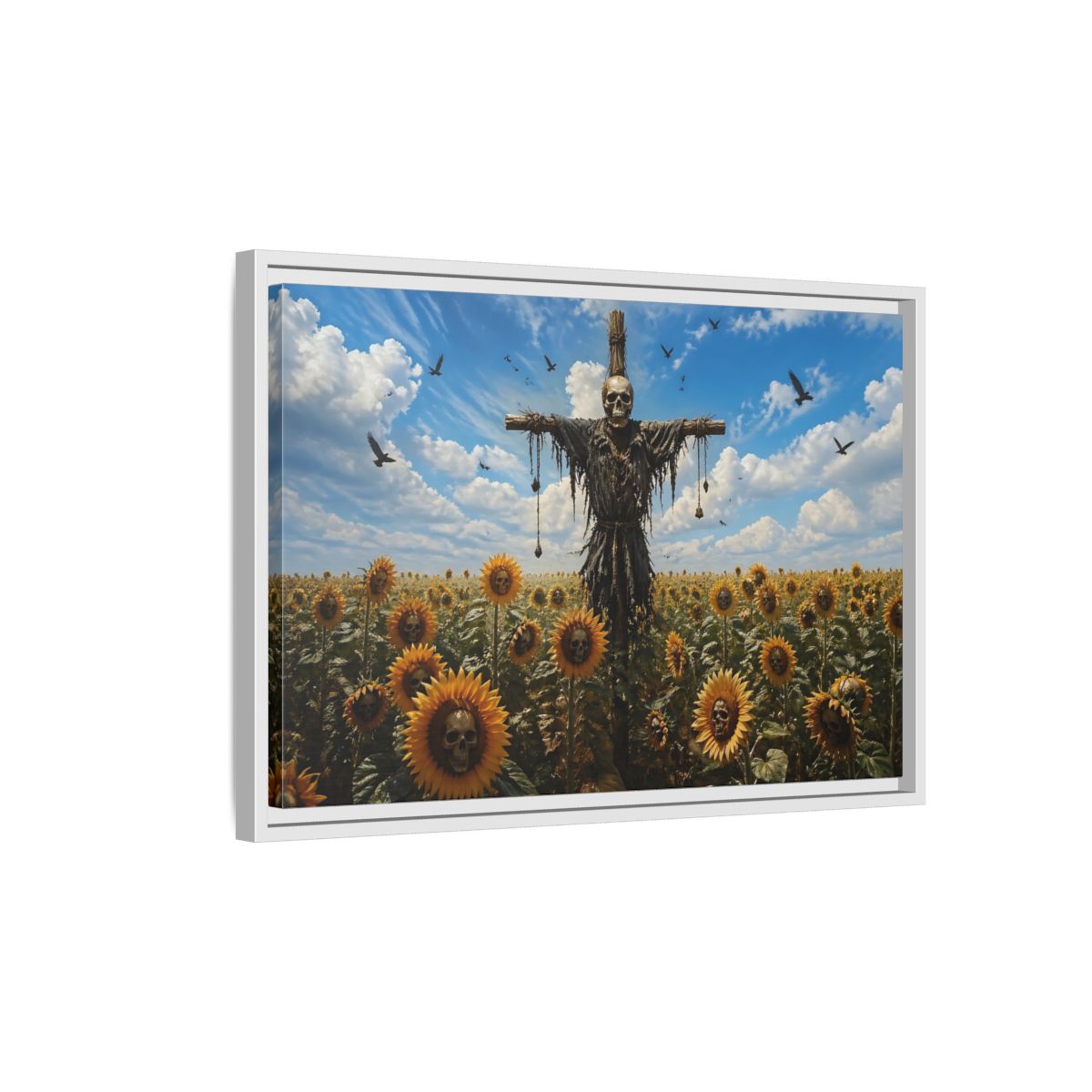 Side Mockup 1. Horror Skull Scarecrow Skull And Sunflowers shown as stretched canvas wall art