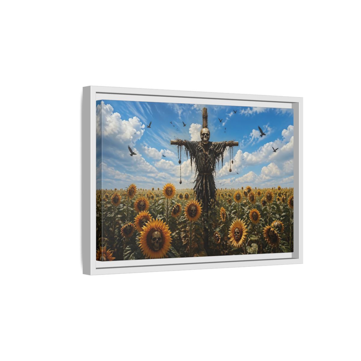 Side Mockup 4. Horror Skull Scarecrow Skull And Sunflowers shown as stretched canvas wall art