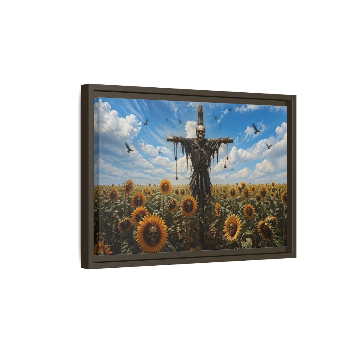 Side Mockup 5. Horror Skull Scarecrow Skull And Sunflowers shown as stretched canvas wall art