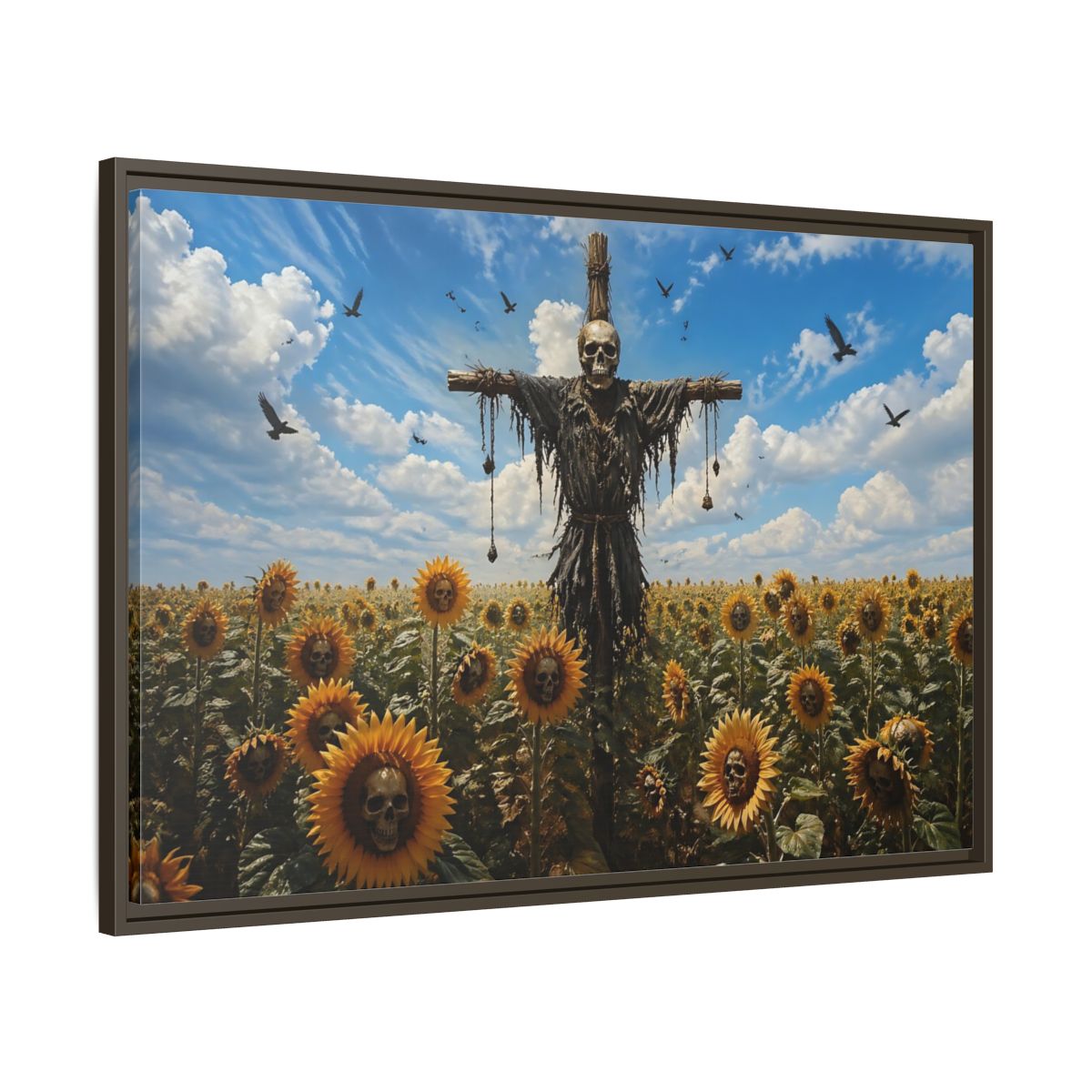 Main Mockup. Horror Skull Scarecrow Skull And Sunflowers shown as stretched canvas wall art