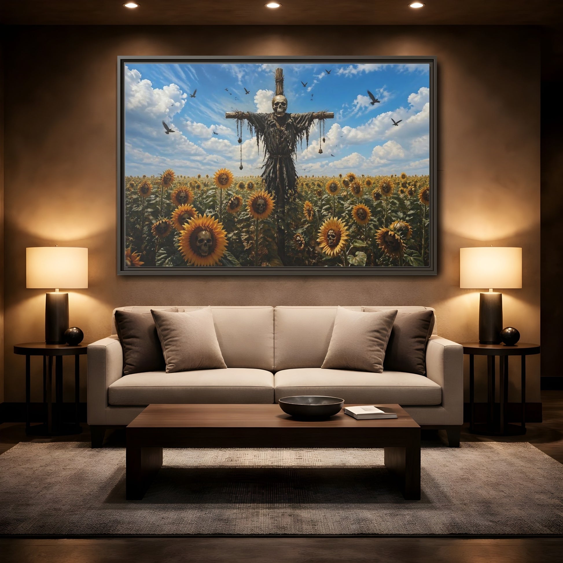 Mockup 2. Horror Skull Scarecrow Skull And Sunflowers shown as stretched canvas wall art