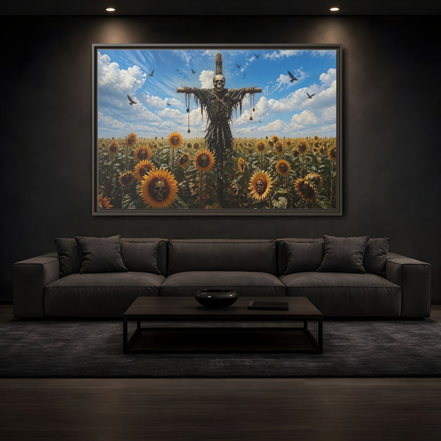 Mockup 3. Horror Skull Scarecrow Skull And Sunflowers shown as stretched canvas wall art