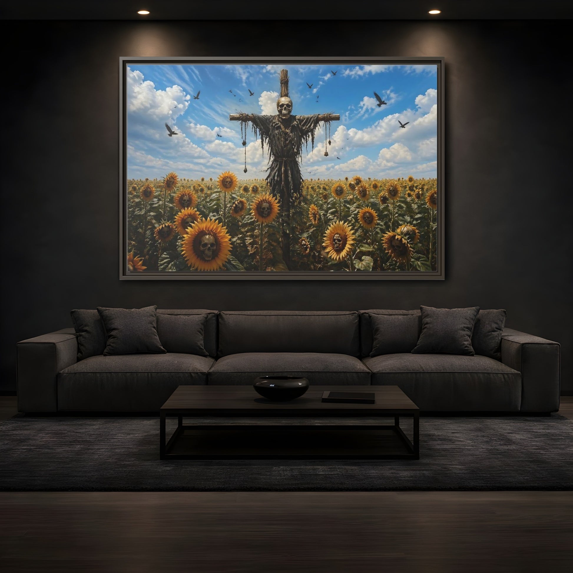 Mockup 3. Horror Skull Scarecrow Skull And Sunflowers shown as stretched canvas wall art