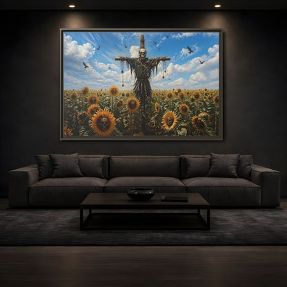 Mockup 3. Horror Skull Scarecrow Skull And Sunflowers shown as stretched canvas wall art