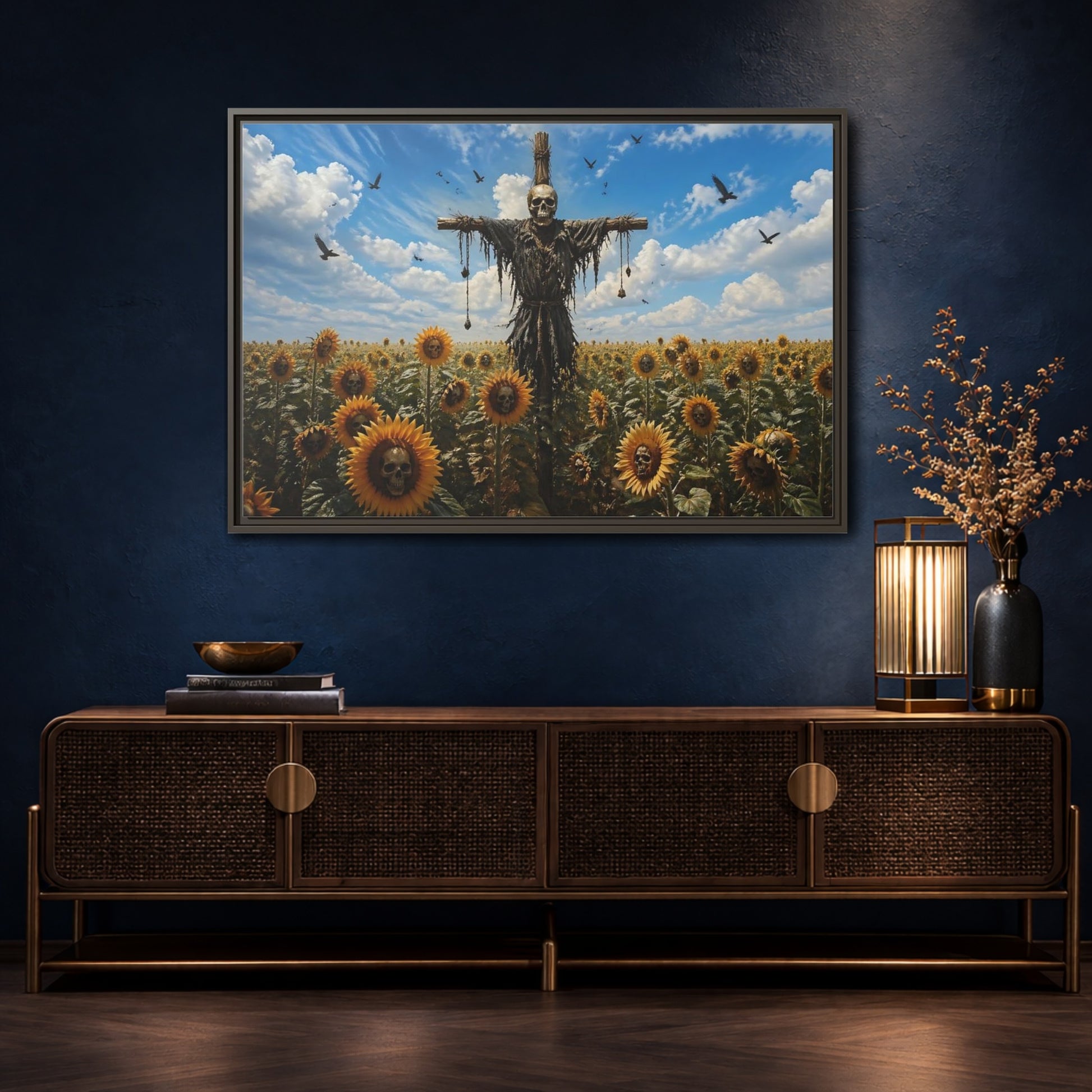 Mockup 4. Horror Skull Scarecrow Skull And Sunflowers shown as stretched canvas wall art