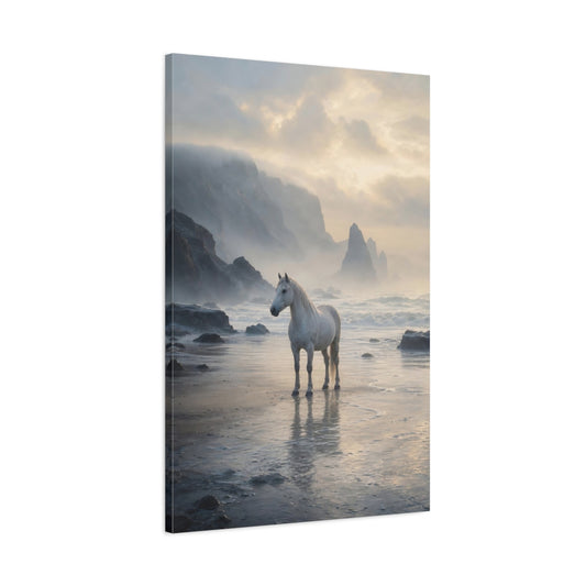 Main Mockup. Horse On Misty Shore shown as canvas print