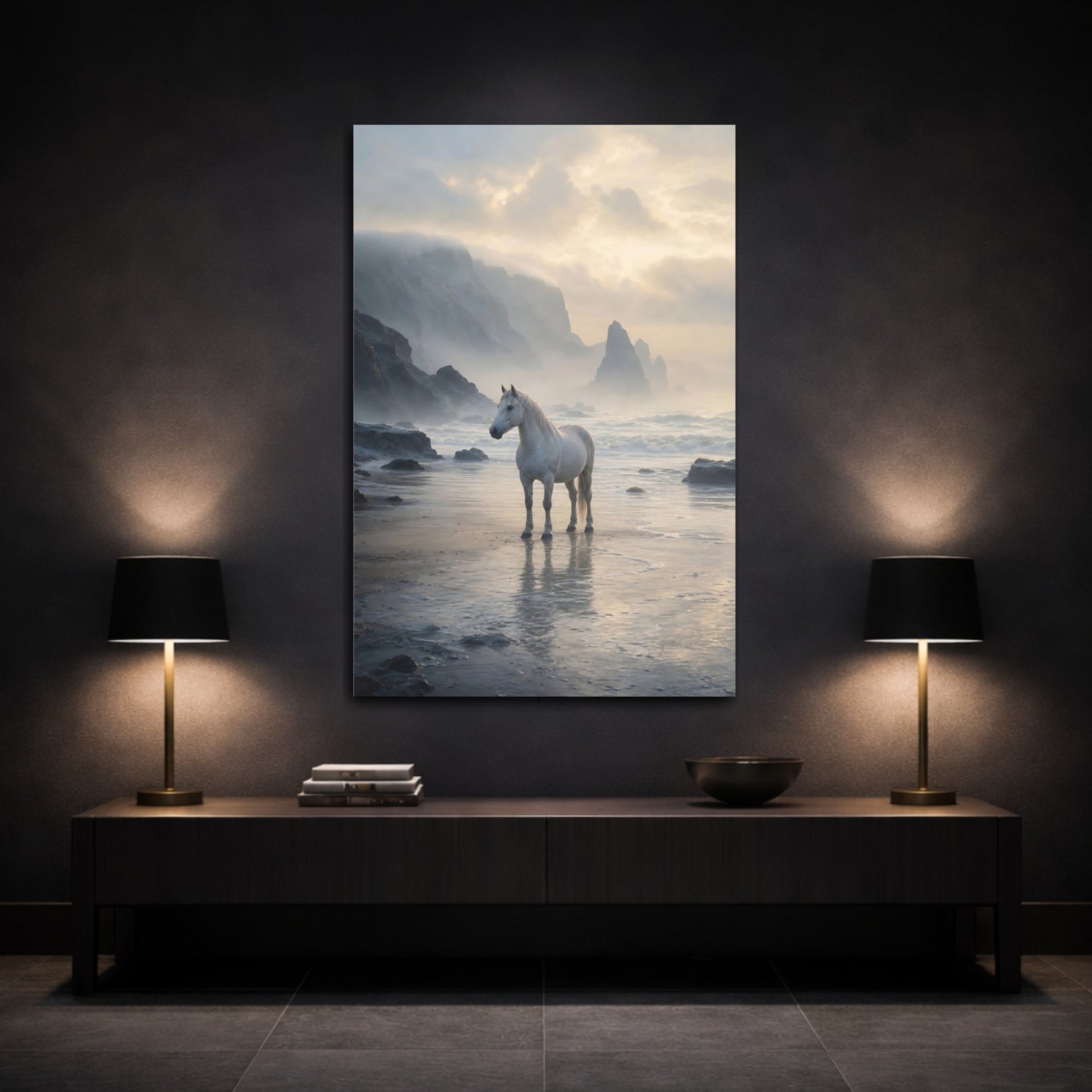 Mockup 3. Horse On Misty Shore shown as canvas print