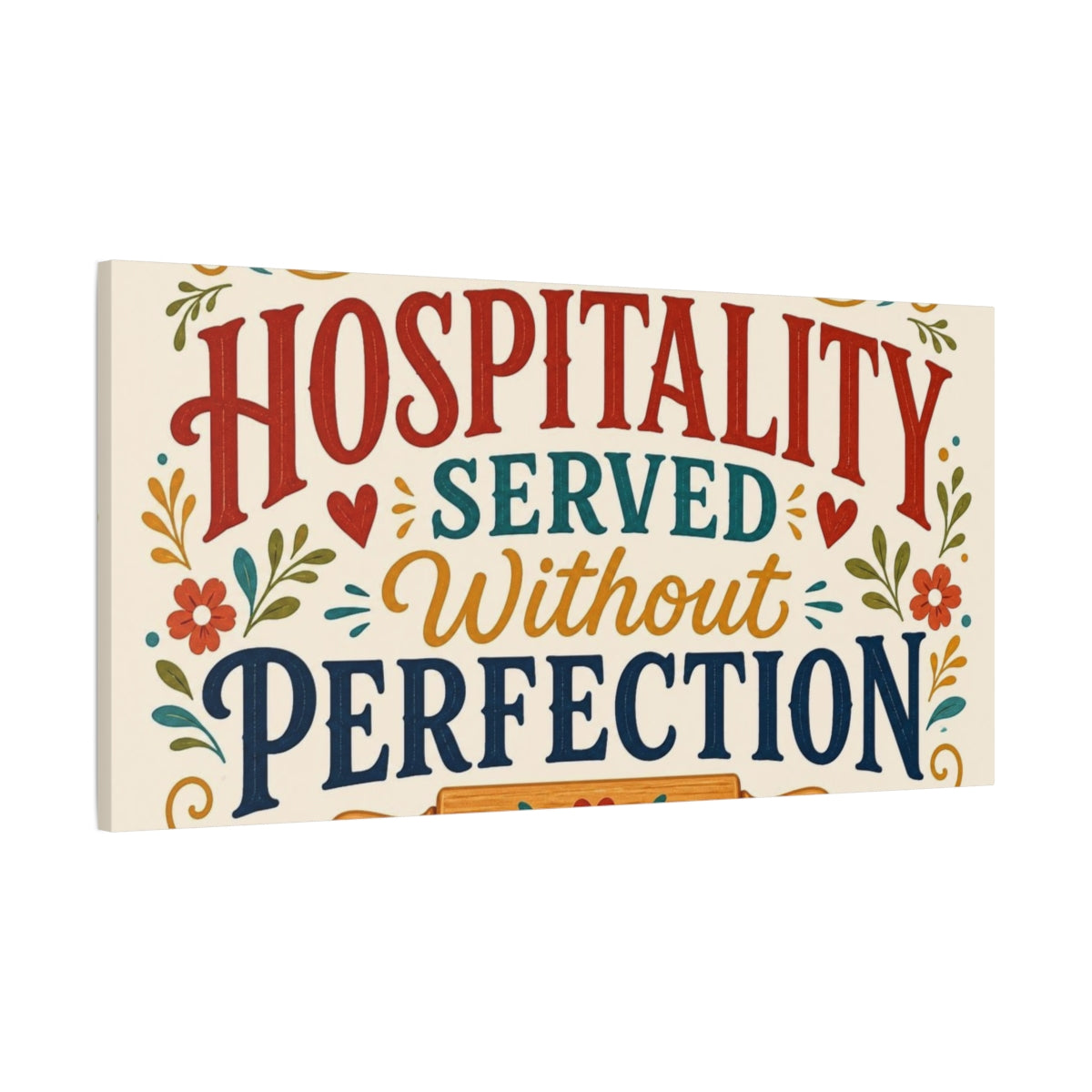 Main Mockup. Hospitality Served Kitchen Quote shown as canvas print