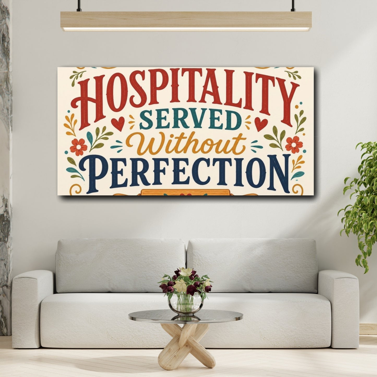 Mockup 2. Hospitality Served Kitchen Quote shown as canvas print