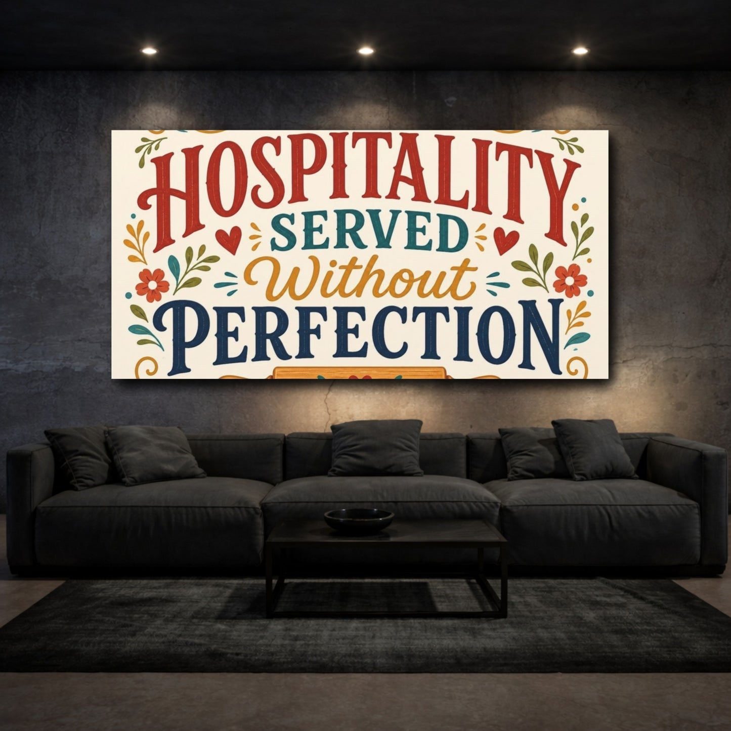 Mockup 3. Hospitality Served Kitchen Quote shown as canvas print