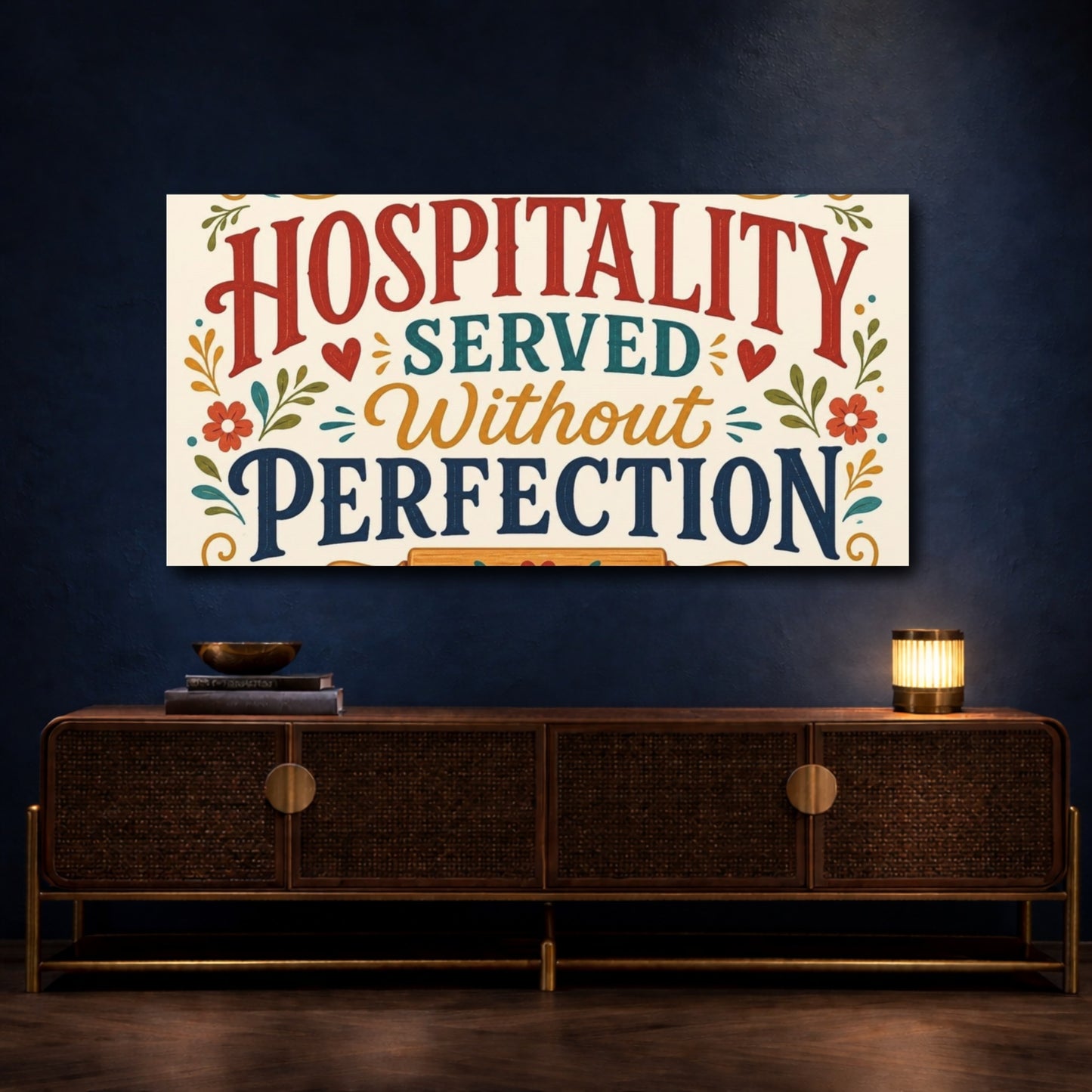 Mockup 4. Hospitality Served Kitchen Quote shown as canvas print