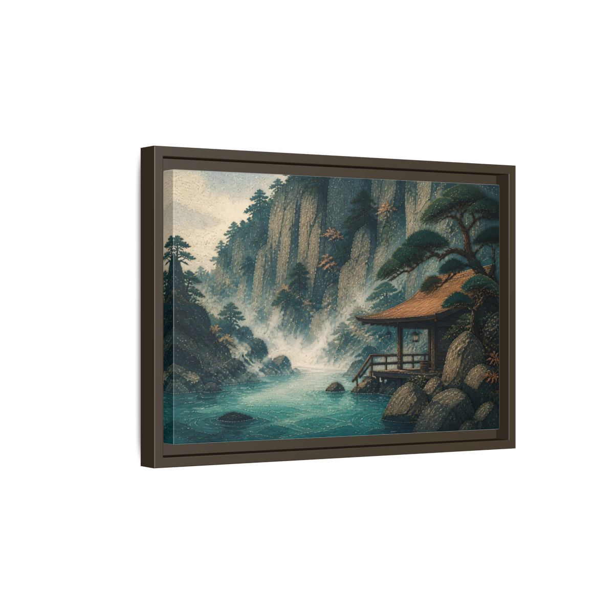 Side Mockup 5. Hot Spring Beneath Cliffs shown as framed canvas print