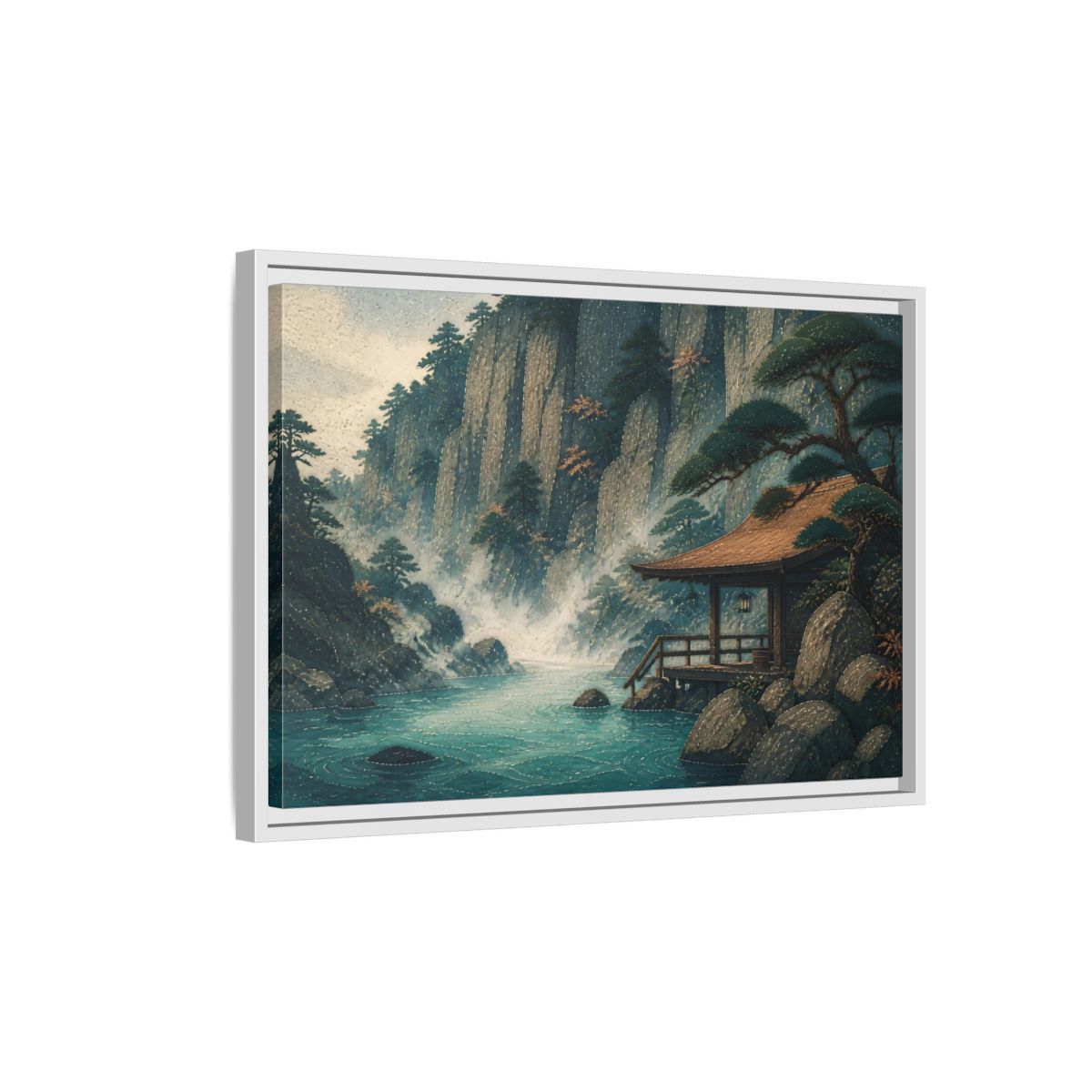 Side Mockup 1. Hot Spring Beneath Cliffs shown as framed canvas print