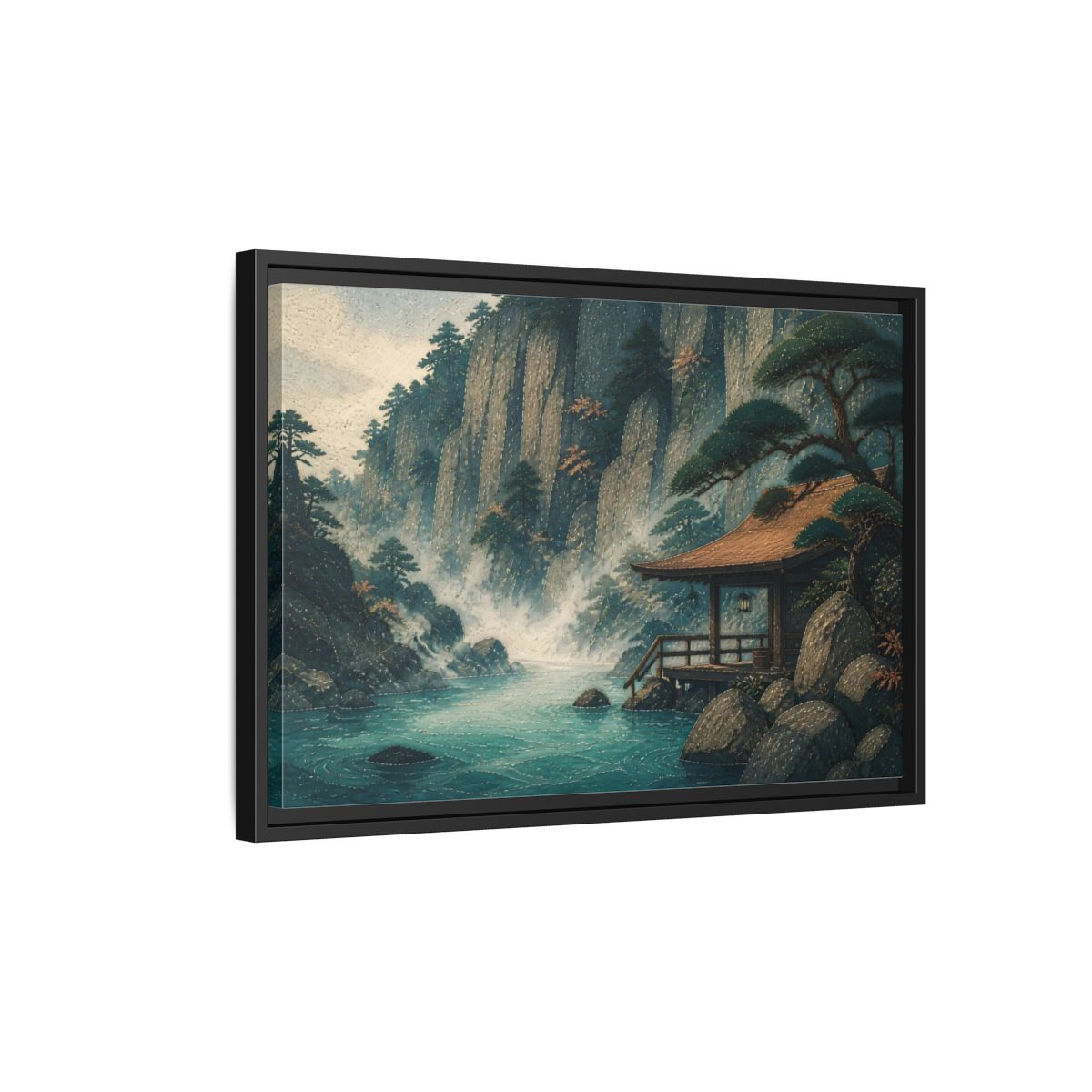 Side Mockup 3. Hot Spring Beneath Cliffs shown as framed canvas print