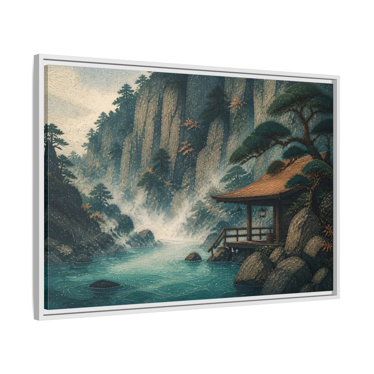 Side Mockup 9. Hot Spring Beneath Cliffs shown as framed canvas print
