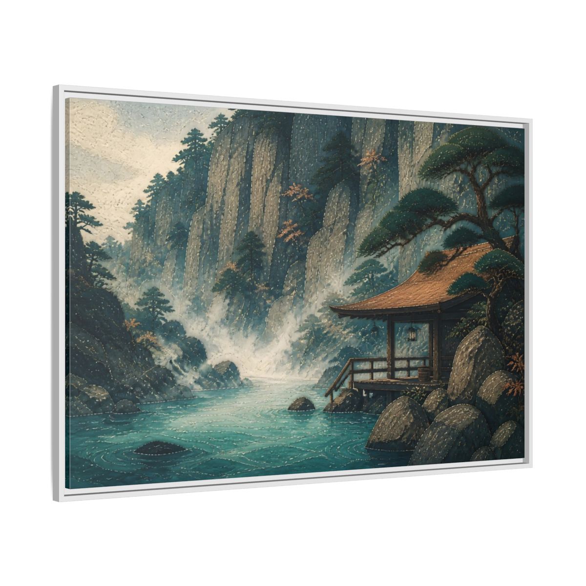Side Mockup 7. Hot Spring Beneath Cliffs shown as framed canvas print