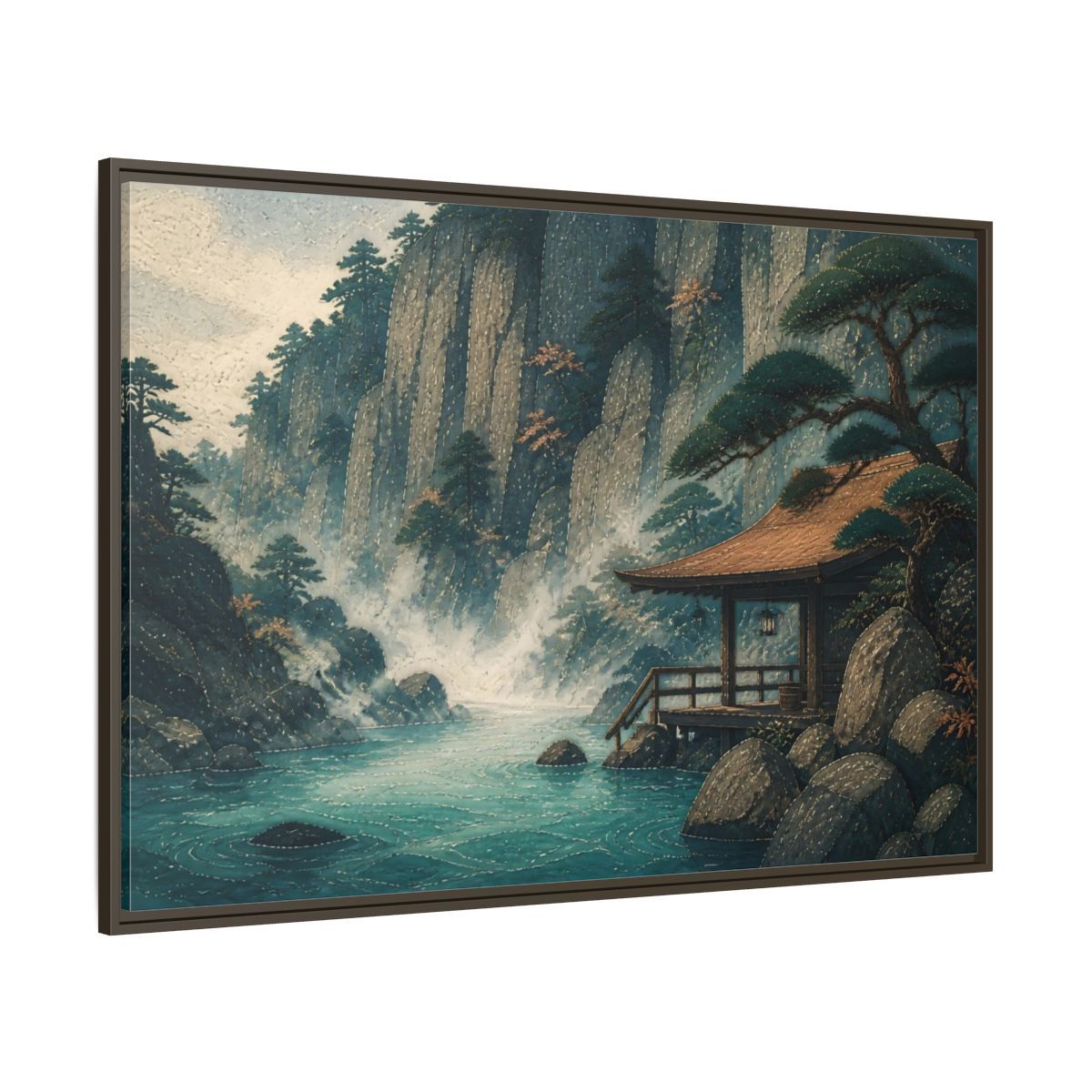 Side Mockup 8. Hot Spring Beneath Cliffs shown as framed canvas print