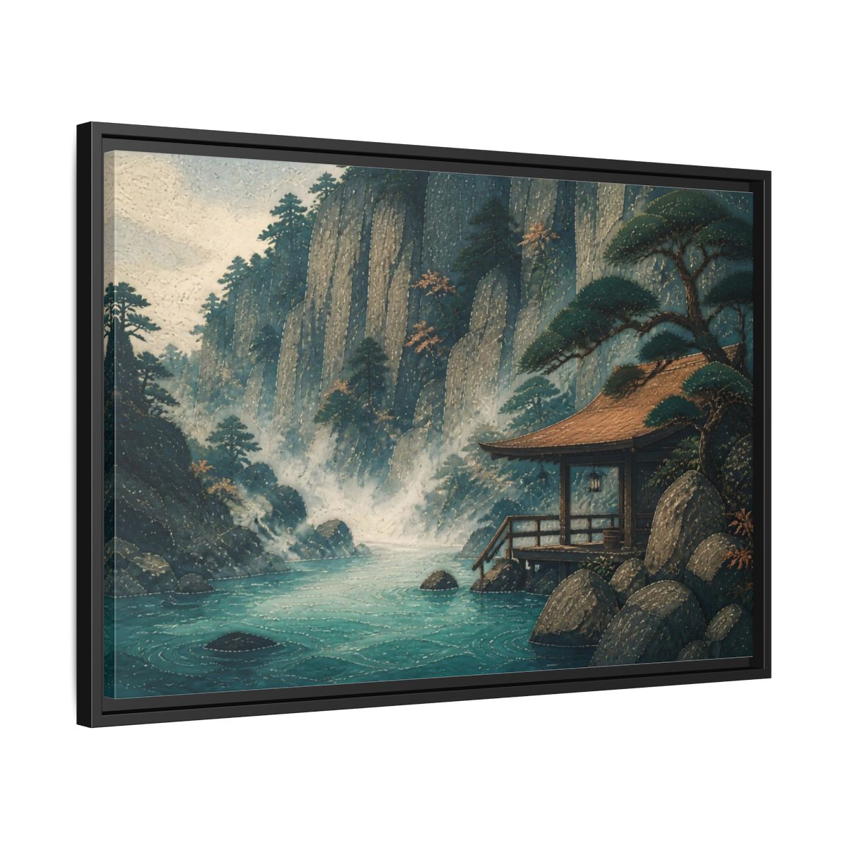 Side Mockup 14. Hot Spring Beneath Cliffs shown as framed canvas print