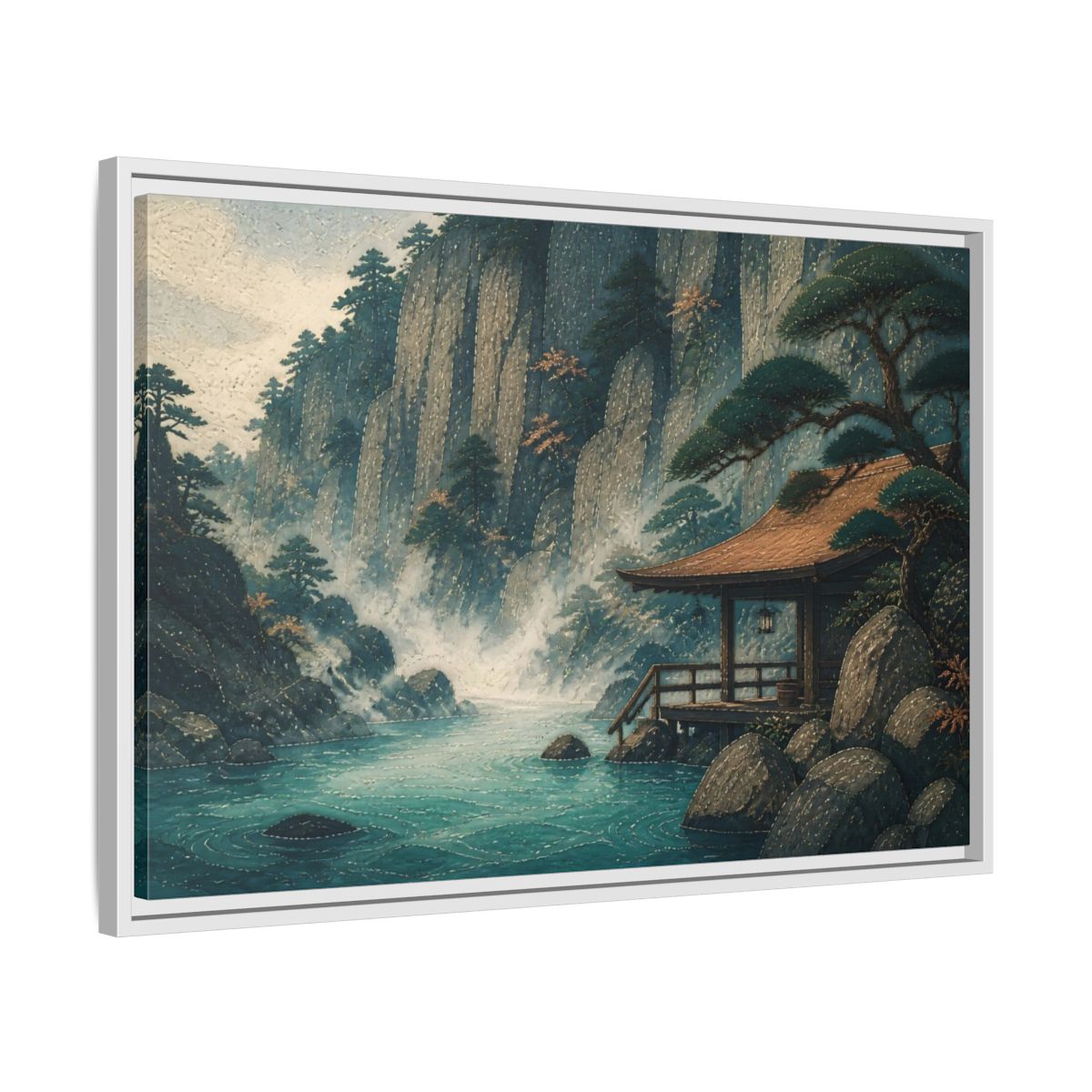 Side Mockup 10. Hot Spring Beneath Cliffs shown as framed canvas print